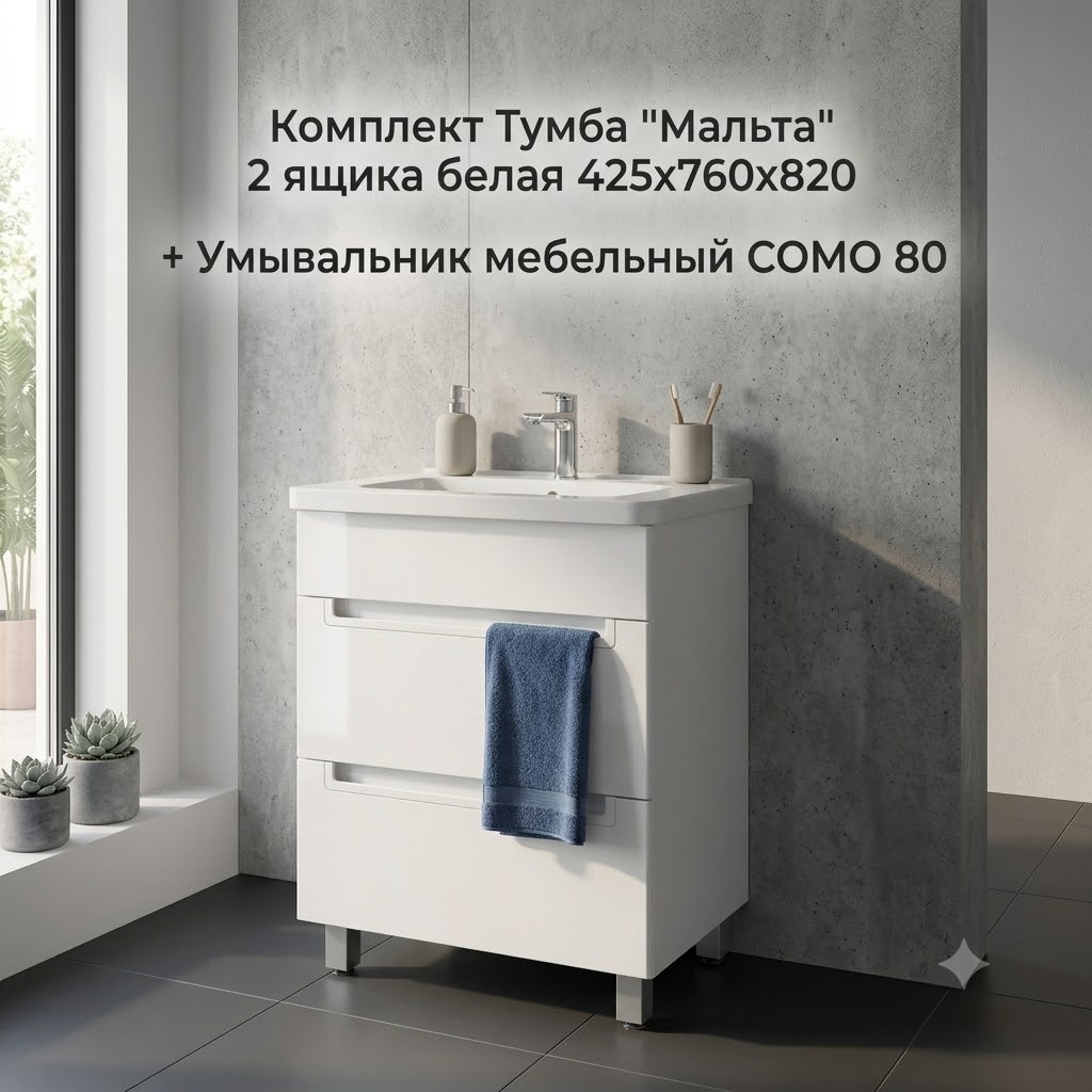Комплект Тумба VIANT "Мальта" COMO 80 2 ящика белая 425х760х820 + Умывальник мебельный COMO 80 Cersanit - артикул K0000344374
