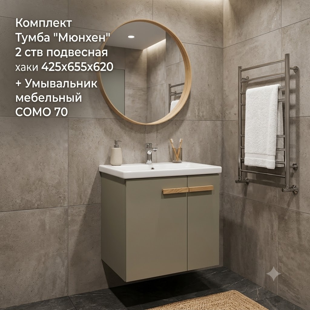 Комплект Тумба VIANT "Мюнхен" COMO 70 2 ств подвесная хаки 425х655х620 + Умывальник мебельный COMO 70  Cersanit - артикул K0000344383
