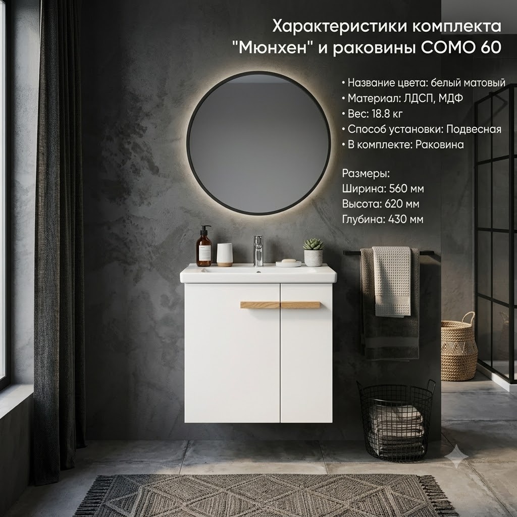Комплект Тумба VIANT "Мюнхен" COMO 60 2 ств подвесная белая 430х560х620 + Умывальник мебельный COMO 60  Cersanit - артикул K0000344385