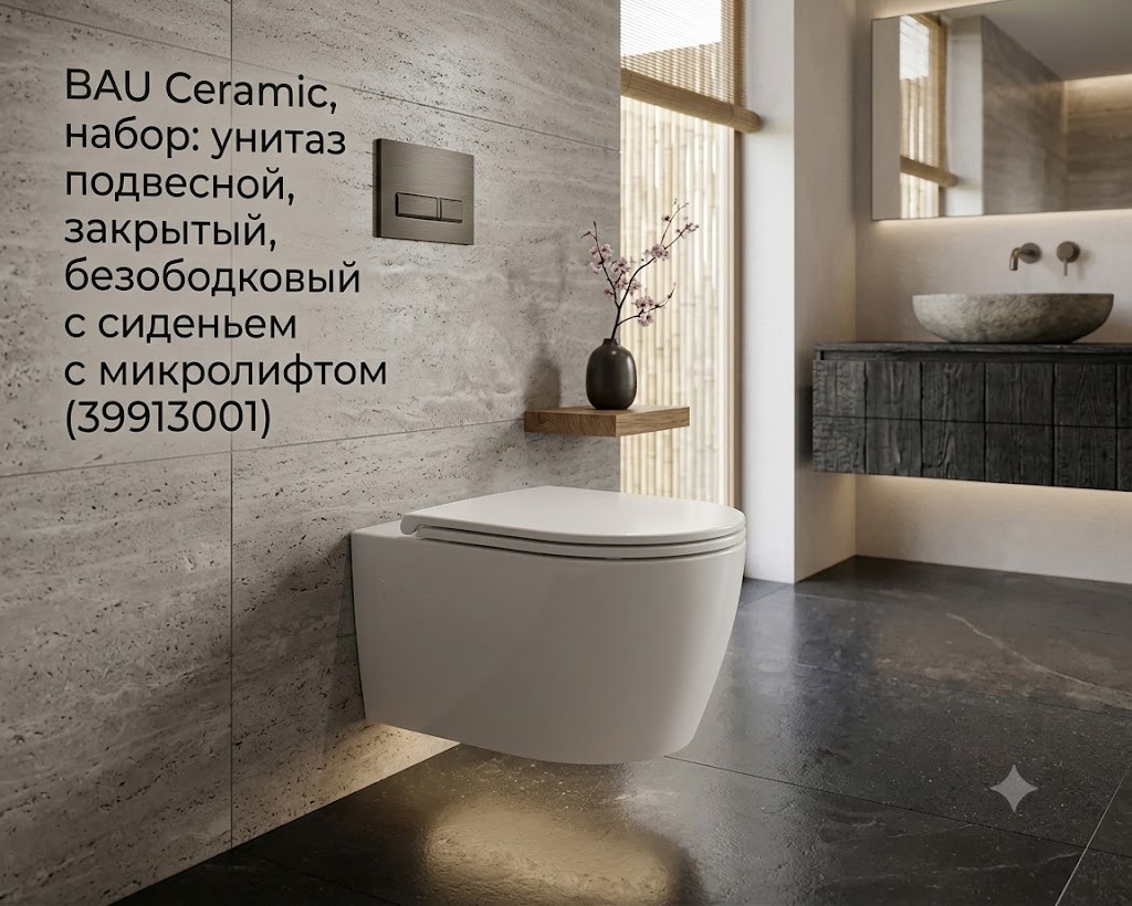 BAU Ceramic, набор: унитаз подвесной, закрытый, безободковый с сиденьем с микролифтом (39913001) - артикул K0000343017
