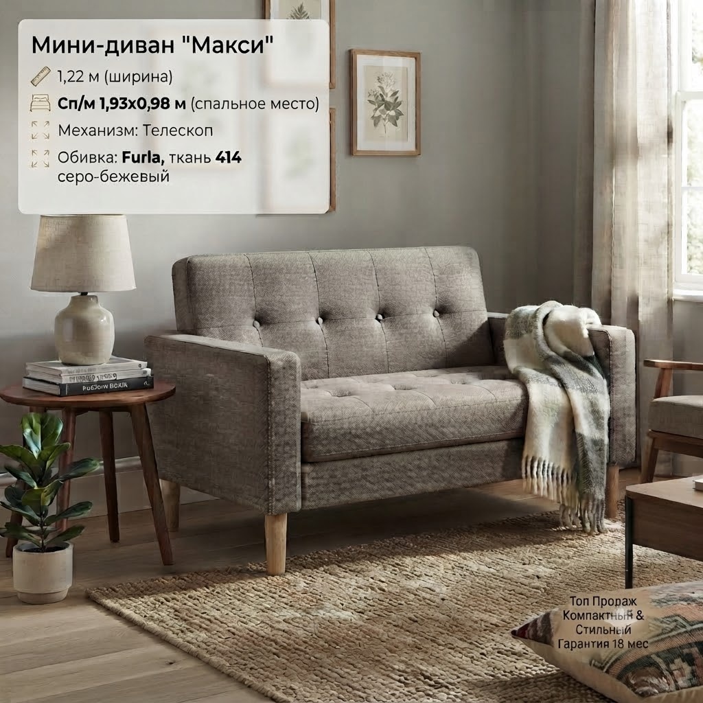Мини-диван "Макси" 1,22 (сп/м 1,93х0,98) механизм трансформации Телескоп, обивка Furla, ткань 414 серо-бежевый - артикул K0000344981