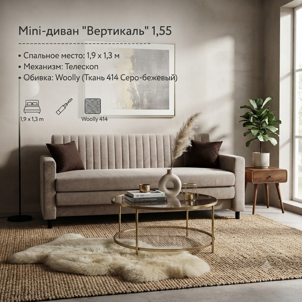 Мини-диван "Вертикаль" 1,55 (сп/м 1,9х1,3) механизм трансформации Телескоп, обивка Woolly, Fantasyhigh-004 серо-бежевый - артикул K0000344977