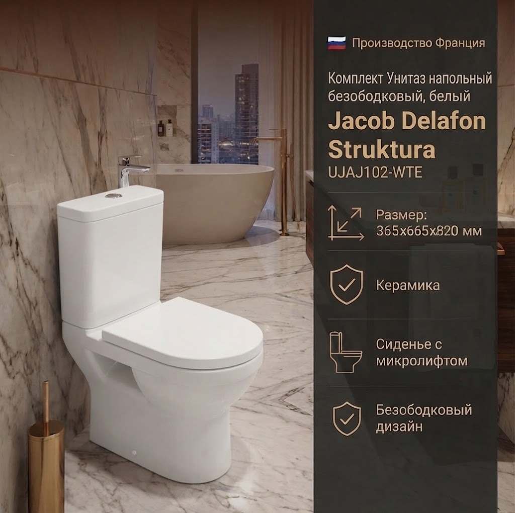 Комплект Унитаз напольный, безободковый, белый Jacob Delafon Struktura UJAJ102-WTE - артикул K0000343622