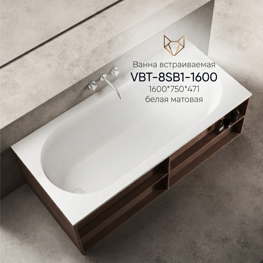 Ванна встраиваемая Солид Серфейс (Solid Surface) Vincea VBT-8SB1-1600, 1600*750*471, белая матовая, - артикул K0000345584