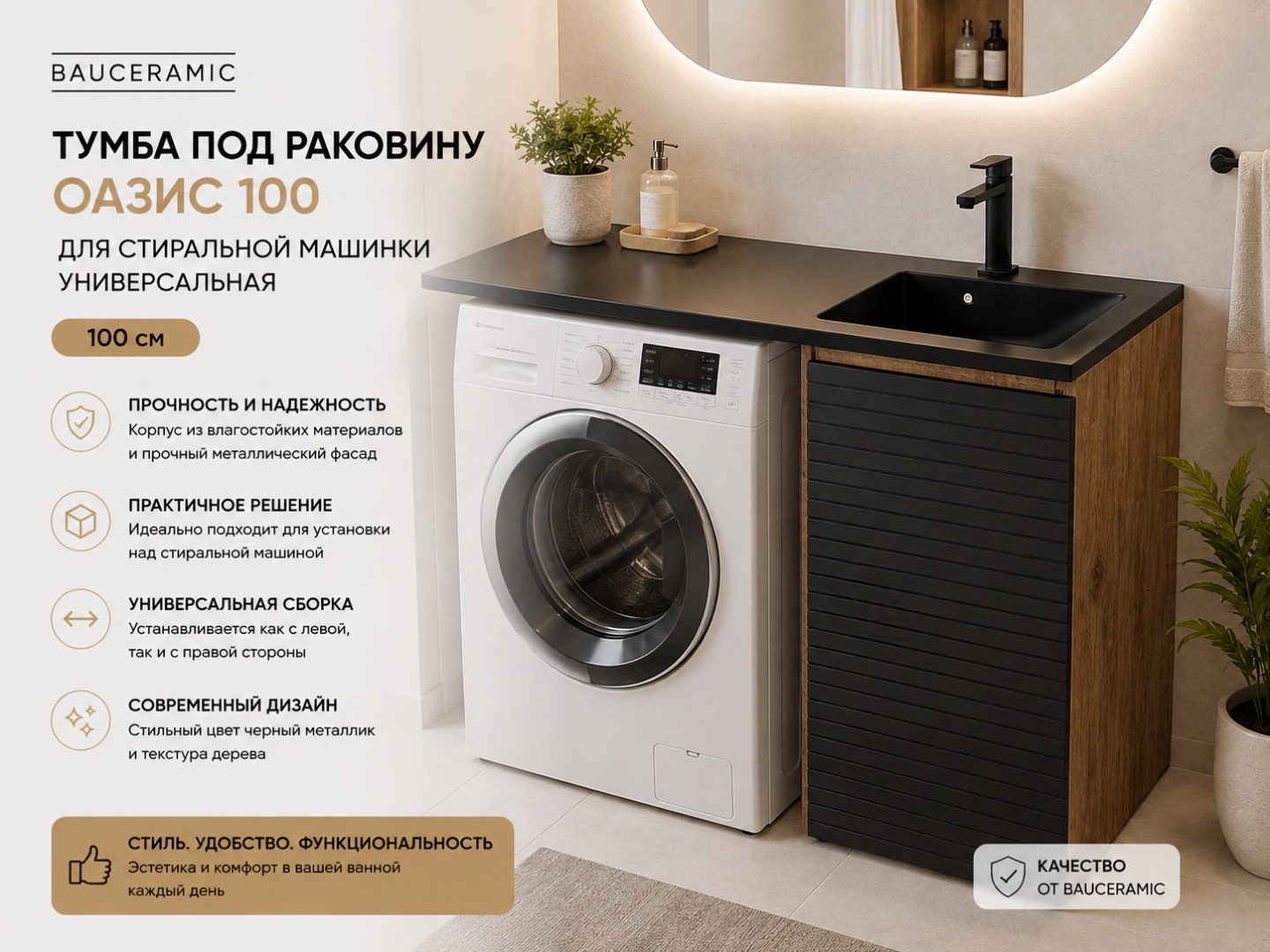 Тумба под раковину BAUCERAMIC Оазис 100 для стиральной машинки, универсальная, черный металлик - артикул K0000344121