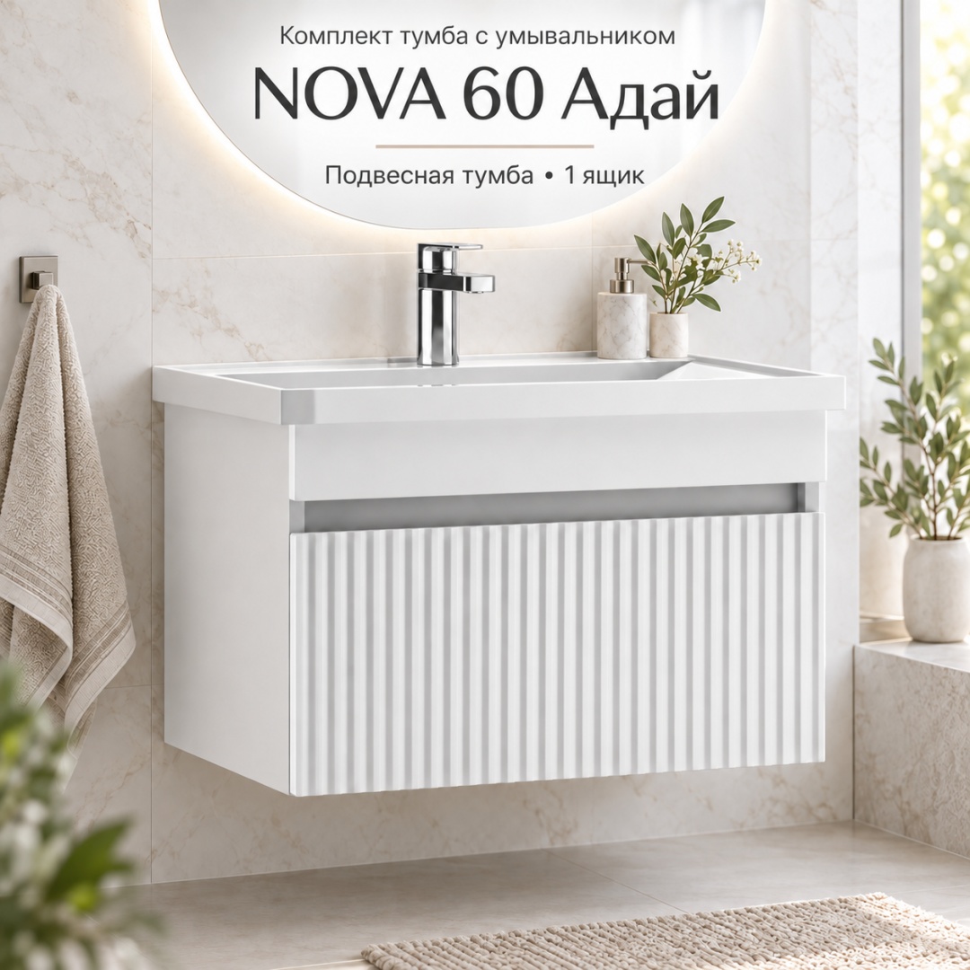 Комплект Тумба подвесная под умывальник "NOVA 60" Бриз с одним ящиком В1 Адай + умыввальник - артикул K0000318411
