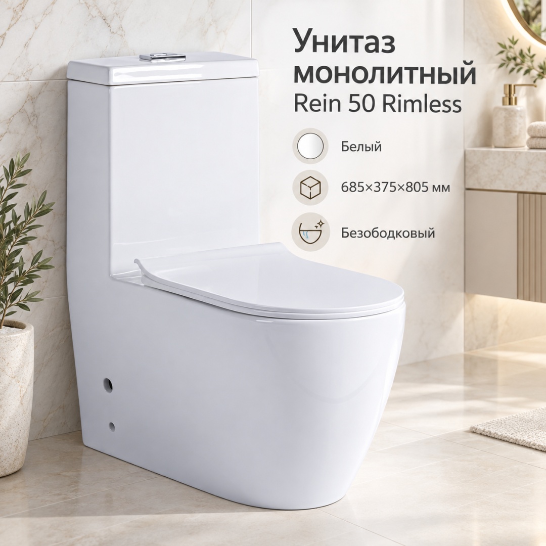 Унитаз монолитный Rein 50 Rimless белый 685*375*805 - артикул K0000359901