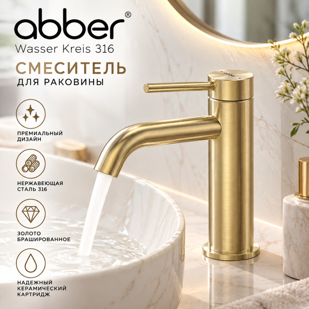 Смеситель ABBER Wasser Kreis 316 AF8110BG для раковины, золото брашированное - артикул K0000231018