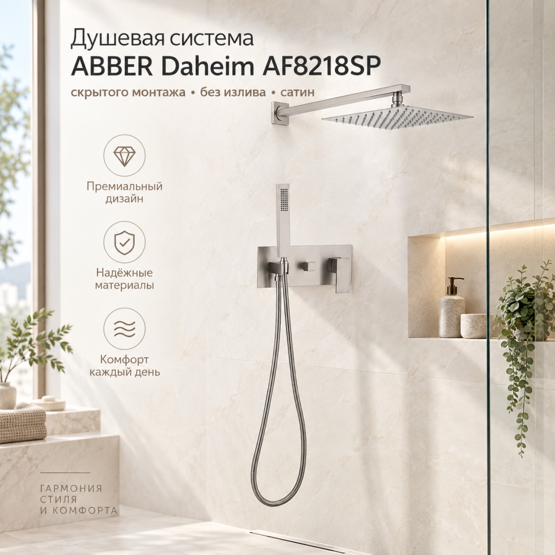 Душевая система ABBER Daheim AF8218SP скрытого монтажа без излива, сатин - артикул K0000321414