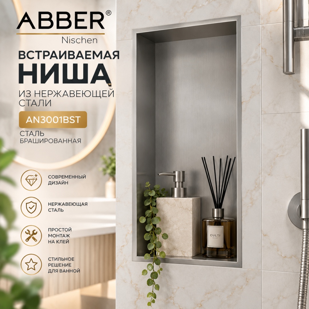 Скрытая настенная ниша из нержавеющей стали ABBER Nischen AN3001BST, сталь брашированная - артикул K0000320030