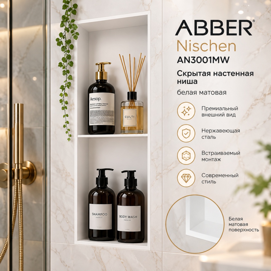 Скрытая настенная ниша из нержавеющей стали ABBER Nischen AN3001MW, белая матовая - артикул K0000320032