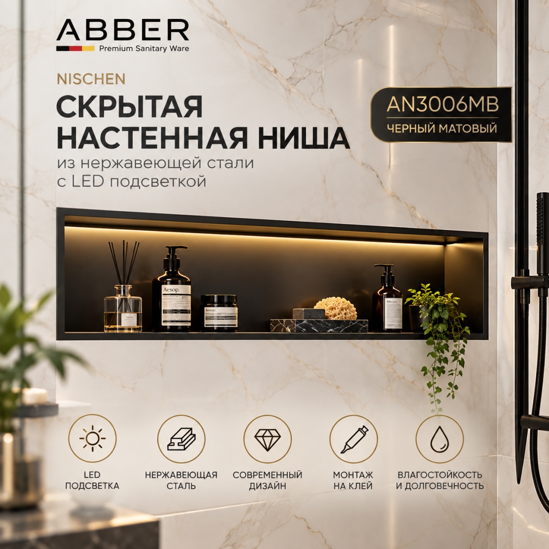 Скрытая настенная ниша из нержавеющей стали ABBER Nischen AN3006MB с LED подсветкой, черная матовая - артикул K0000320036