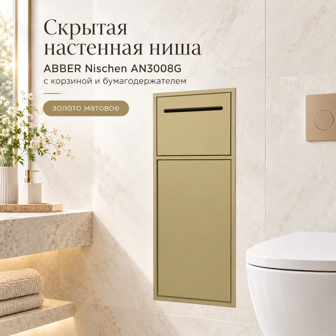 Скрытая настенная ниша из нержавеющей стали ABBER Nischen AN3008G с корзиной и бумагодержателем, золото матовое - артикул K0000320038