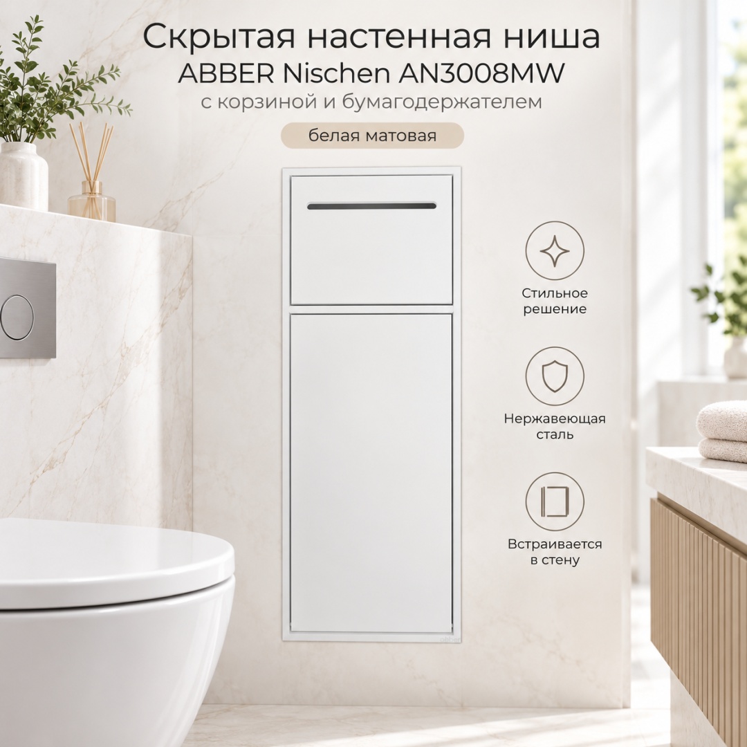 Скрытая настенная ниша из нержавеющей стали ABBER Nischen AN3008MW с корзиной и бумагодержателем, белая матовая - артикул K0000320040
