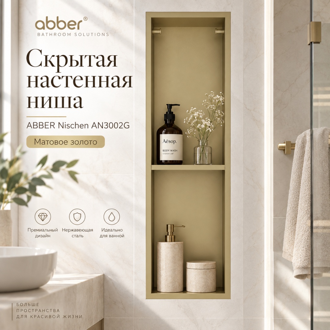 Скрытая настенная ниша из нержавеющей стали ABBER Nischen AN3002G, золото матовое - артикул K0000354132