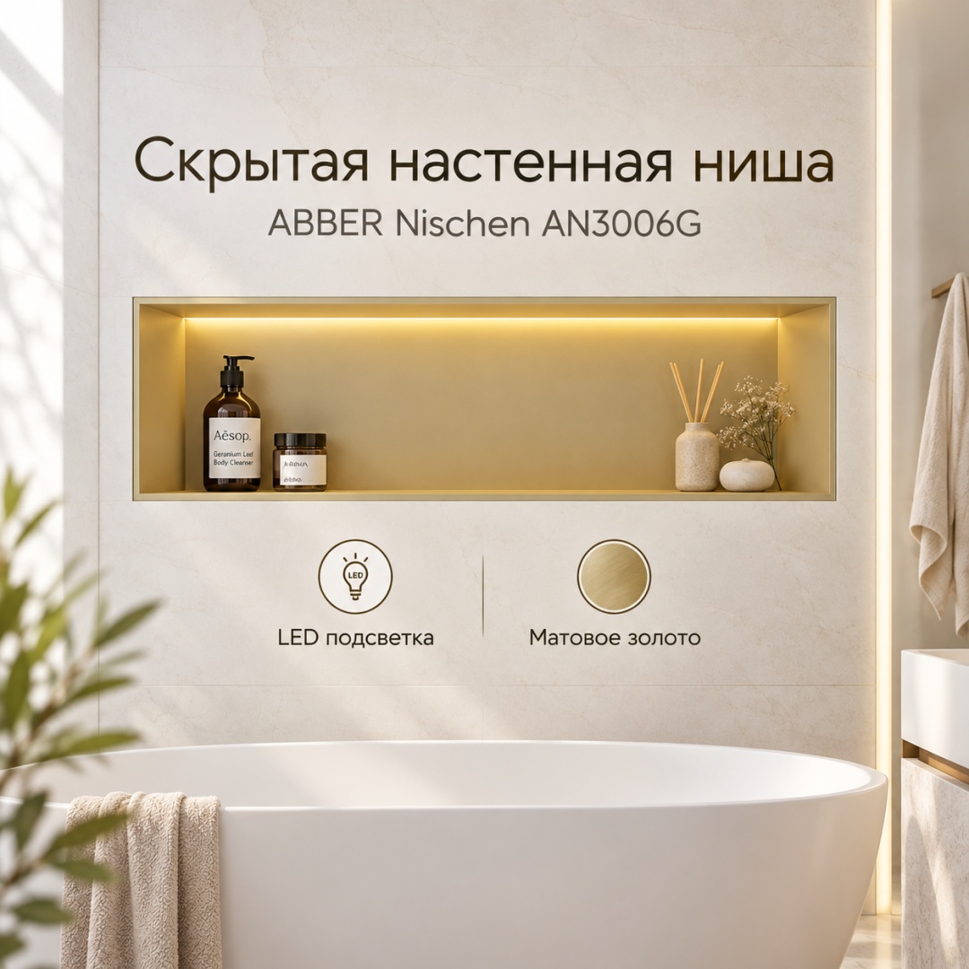 Скрытая настенная ниша из нержавеющей стали ABBER Nischen AN3006G с LED подсветкой, золото матовое - артикул K0000354135