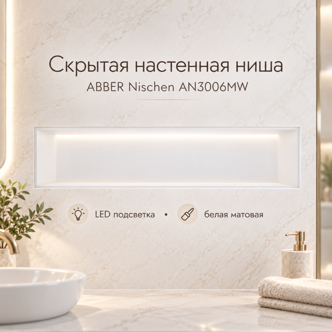 Скрытая настенная ниша из нержавеющей стали ABBER Nischen AN3006MW с LED подсветкой, белая матовая - артикул K0000354136