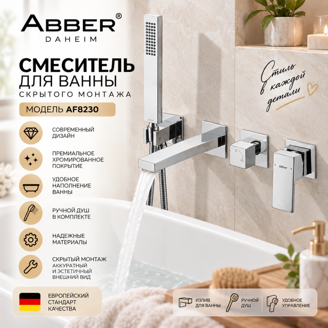 Смеситель ABBER Daheim AF8230 для ванны скрытого монтажа, хром - артикул K0000353953